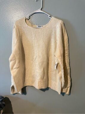 Old Navy Cream Crewneck Sweater with Lace Sleeve Detail